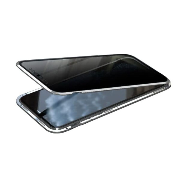 iPhone12 Pro ケース/カバー アルミ バンパー クリア 透明 両面 前後 ガラス マグネット 背面パネル付き 覗き見防止 アルミサイドバンパ