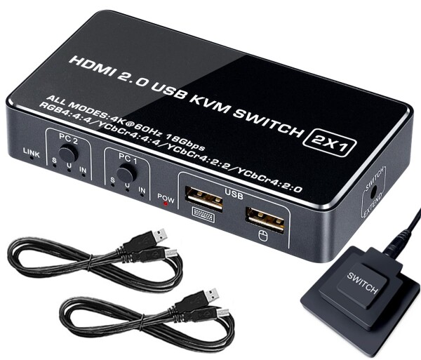 ELEVIEW KVMスイッチ パソコン切替器 (PC2台用) 4K(60Hz) HDMI2.0 HDCP2.2対応｜モニター/キーボード/マウス(ワイヤレス可)を共有できる