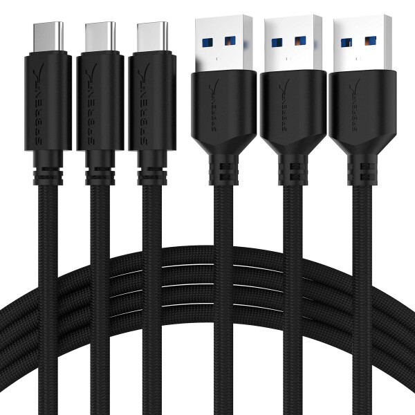 SABRENT 「3本セット」 22AWGプレミアム 1.8m USBケーブル、USB Type-A 3.0 から USB Type-C ケーブル、同期と充電「ブラック」（CB-C3X6
