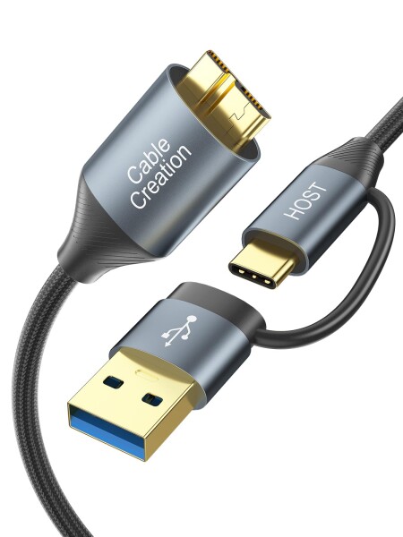 2-in-1 USB3.0+USB3.0 CM to Micro-B Cableケーブル,CableCreation USB Cハードドライバ変換ケーブル1.2M/編組みブラック